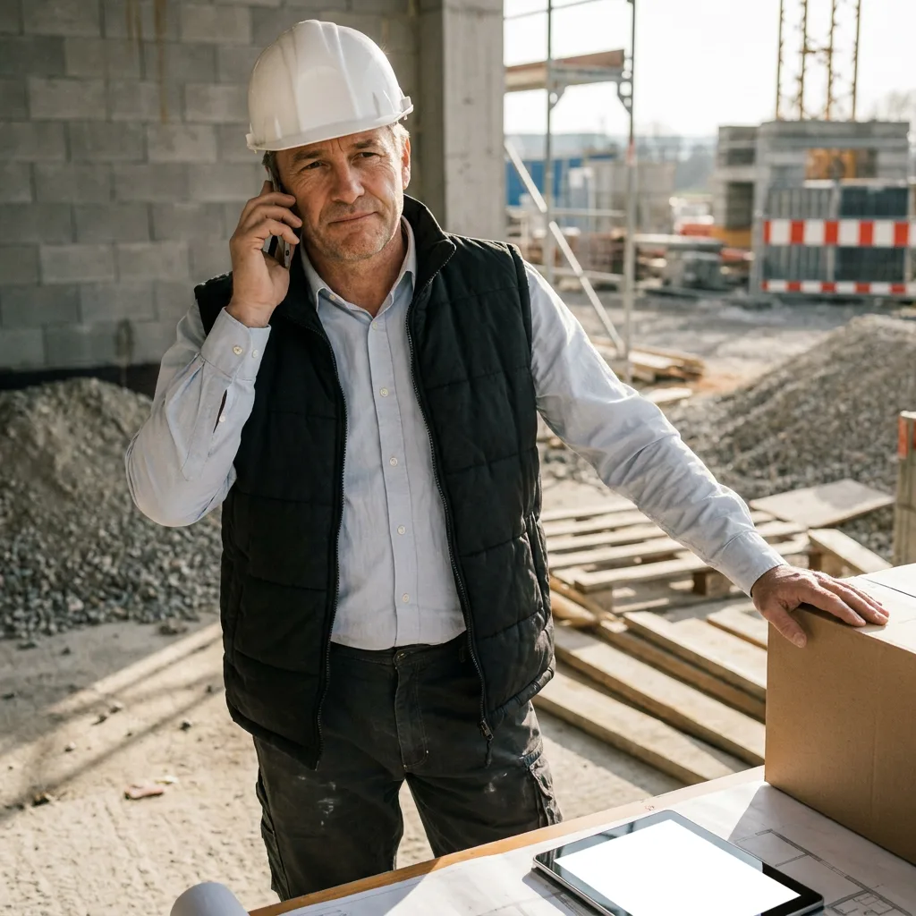Ein Bauarbeiter mit Schutzhelm telefoniert auf einer Baustelle.