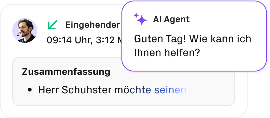 Ein eingehender Anruf mit Zusammenfassung und der Begrüßung des AI Agenten