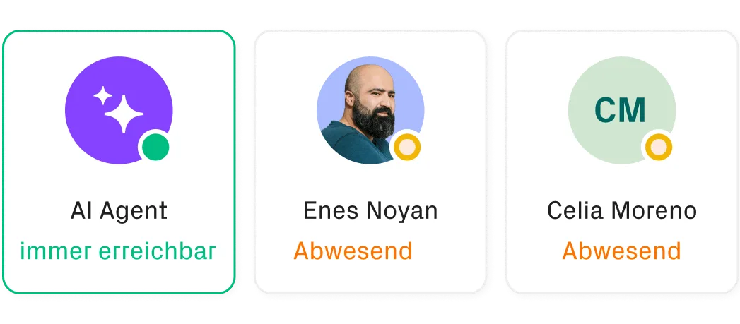 Der AI Agent ist erreichbar, während zwei Teammitglieder als abwesend angezeigt werden